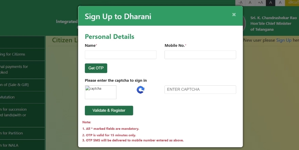 Dharani Portal lagin page